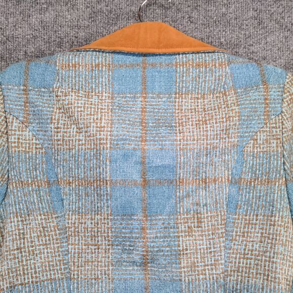 Four Corners Button Blazer Wool Coat Actual 32x26.5 Blue Gray Plaid Front Pocket - Picture 7 of 11